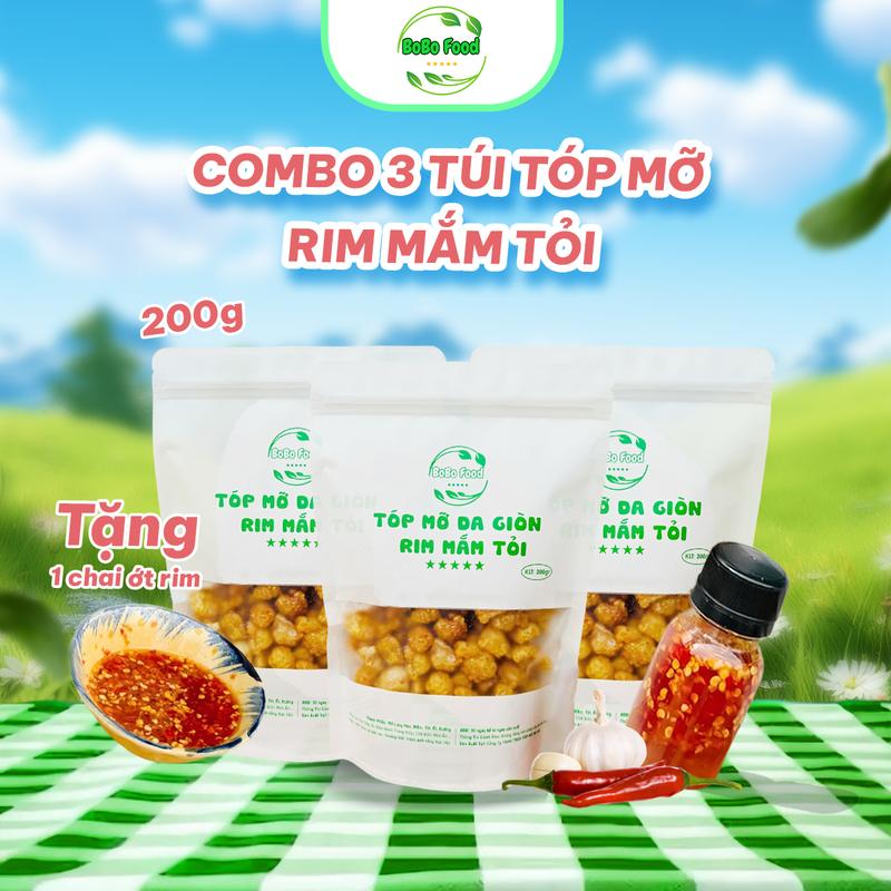 Combo 3 Túi Tóp Mỡ Rim Mắm Tỏi - 3 Túi 200g - Tặng 1 Chai Ớt Rim - BoBo Food