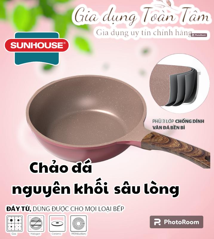 Chảo đá nguyên khối sâu lòng Sunhouse đáy từ, size 20, 24cm, mã DP20MP, dùng được bếp điện từ