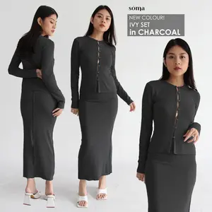 IVY SET -  Baju Setelan Skirt Wanita Longsleeves Knit Set Top OneSet Rok Wanita Ribbed Knit Atasan Tangan Panjang Wanita / SOMA Fit Rib Fit Rib Blazer Stretch Crop Bawahan