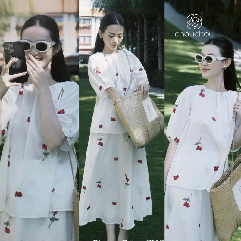 Sét áo tay phồng Lụa Ý Dập Hoa fom baby doll phối cùng chân váy dài có lót mặc đi chơi