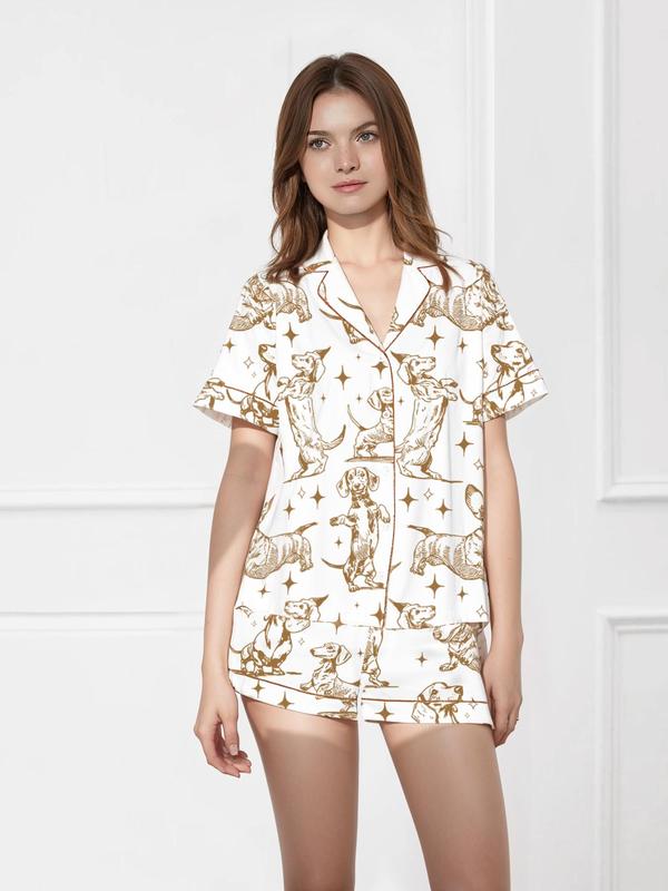 Women's All Over Dog Print Pyjama Two-piece Set, Casual Comfy Short Sleeve Shirt & Shorts PJ Set, Ladies Summer Sleepwear, Loungewear 4