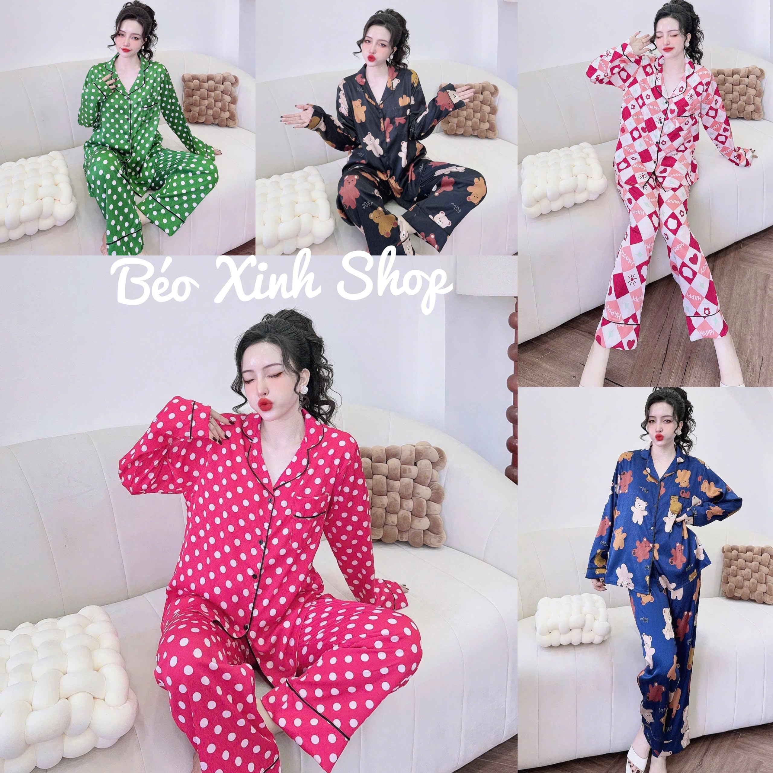 Đồ Bộ Pijama Bigsize Vải Lụa Gấm Xước Tay Dài Quần Dìa50-100kg Mặc Cực Thích Nữ Quần Ngủ - A.5626