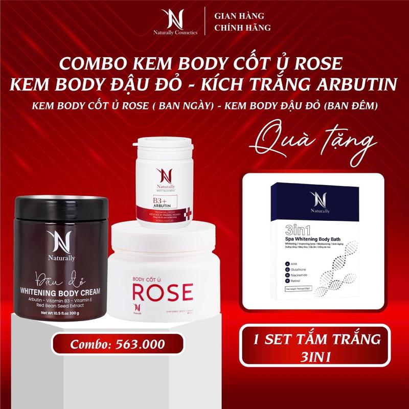 Combo Dưỡng trắng dành cho Body : Kem Body Cốt Ủ Rose & Arbutin + Kem Body lotion Đậu Đỏ tặng set tắm trắng 3in1