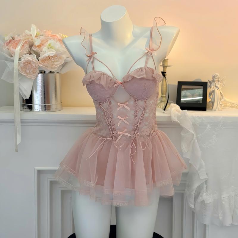 V177 Váy Ngủ Ren Mềm Emmie Dáng Ngắn Hở V3 Kèm Quần Đầm Ngủ QCCC