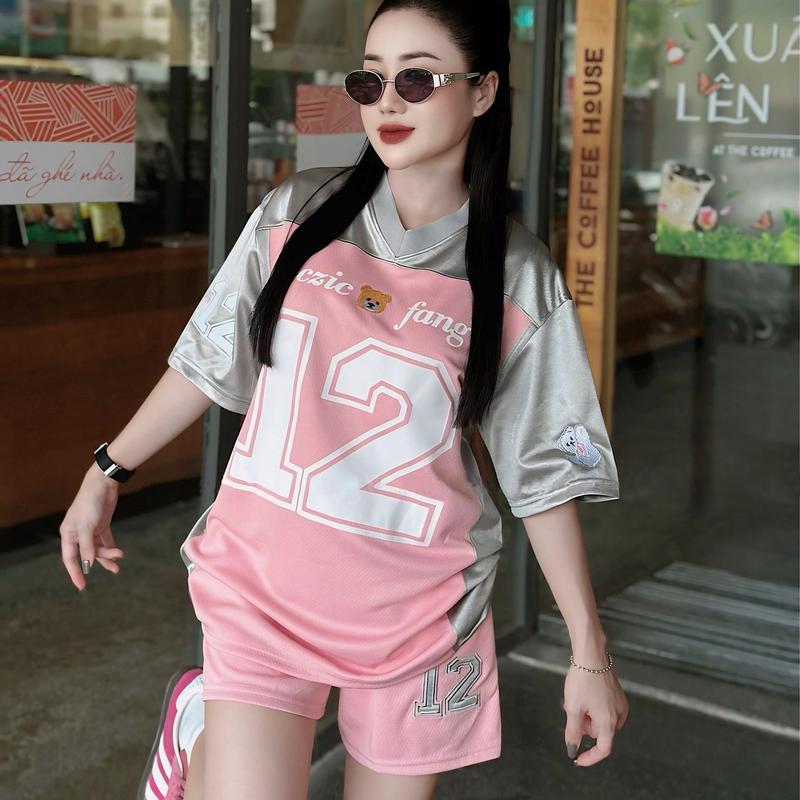 Bộ quần áo cộc tay nữ, size 41 tới 57 kg, chất vải thun cháng bạc kết hơp vải thông hơi thể thao. Women Top Top Sport Tập Thể Dục Chạy Bộ Tim Tập Gym