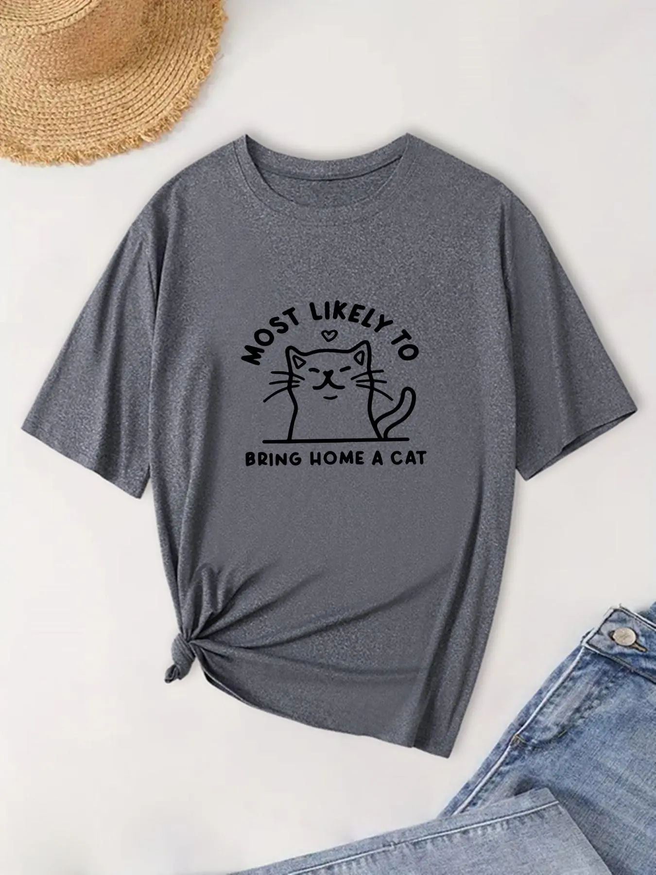 Plus Size Cat & Letter Print Round Neck Tee, Casual Short Sleeve T-shirt for Daily Outdoor Wear, Women Plus Clothing for Summer