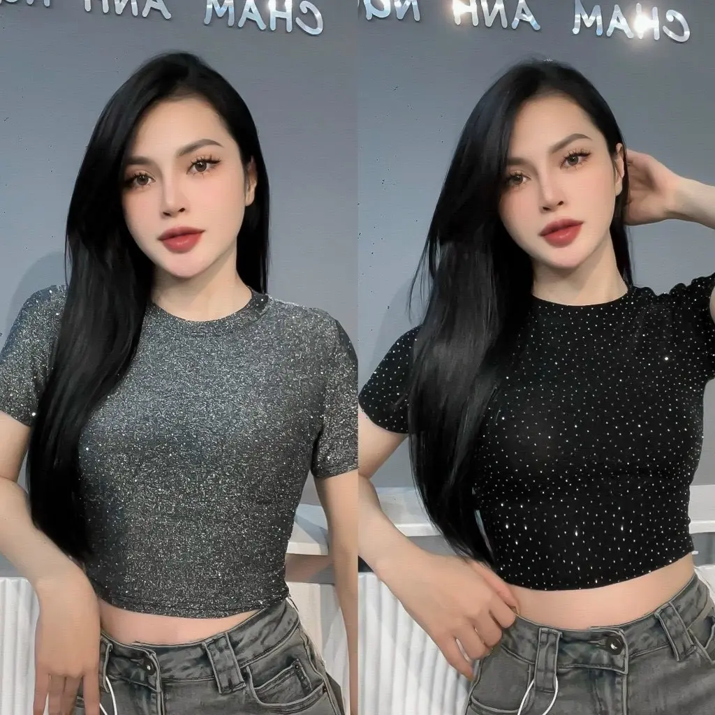 Áo Bling Bling đính đá croptop cổ tròn By PhươngLinhHottrend
