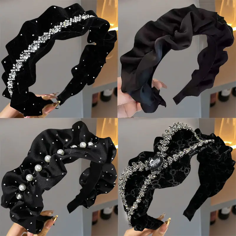 Băng Đô Satin Màu Đen Xếp Nhún Thanh Lịch, Vòng Cài Tóc Rộng Công Chúa, 1 Cái 0