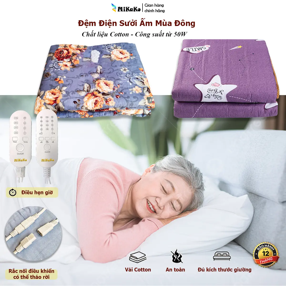 Đệm Sưởi Điện Hẹn Giờ Thông Minh Mikako Với 5 Mức Nhiệt và 4 Cấp Chỉnh Thời Gian Ngắt. Chất Liệu Cotton. BH 12 tháng. Họa tiết ngẫu nhiên. Đệm điện Nhiều Kích Thước. Nệm sưởi, chăn điện, chăn sưởi