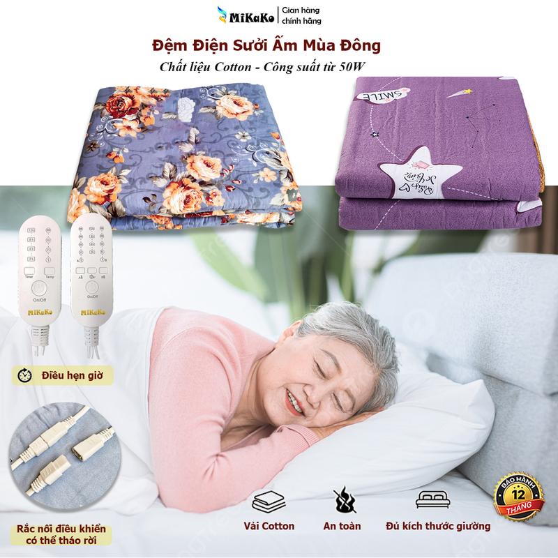 Đệm Sưởi Điện Hẹn Giờ Thông Minh Mikako Với 5 Mức Nhiệt và 4 Cấp Chỉnh Thời Gian Ngắt. Chất Liệu Cotton. BH 12 tháng. Họa tiết ngẫu nhiên. Đệm điện Nhiều Kích Thước. Nệm sưởi, chăn điện, chăn sưởi