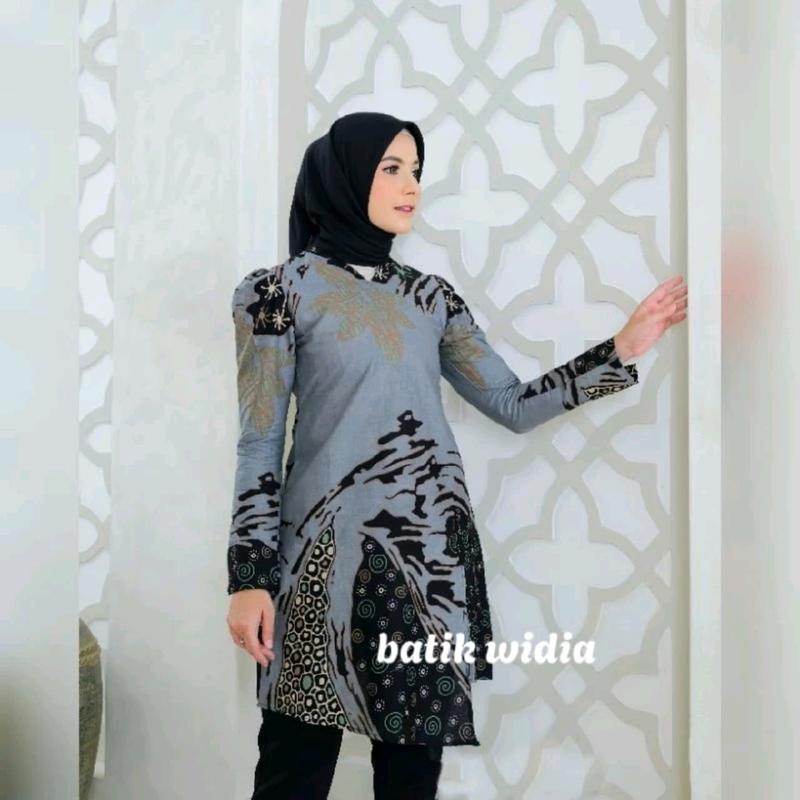 Tunik Batik Modern Wanita Lengan Panjang Puffy Shoulder Tunik Mustika By Batik Widia Katun Motif Seragam Kerja 3
