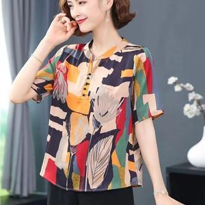 Korean Style Retro Classic V neck Floral Chiffon Shirt Female Short Sleeve Tie dye T-shirt Plus Size Loose Casual Chiffon blouse Lady Half sleeve Button Tops