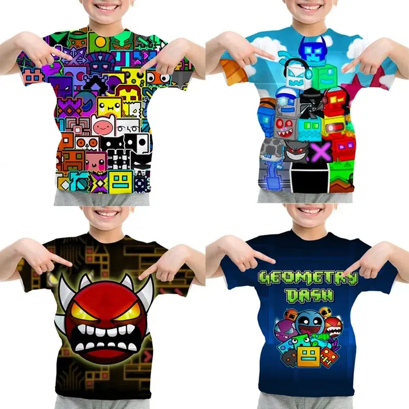 Áo Phông Angry Geometry Dash, Thiết Kế Trò Chơi, Dành Cho Bé Trai Và Bé Gái, In 3D Hoạt Hình, ngắn Tay Mùa Hè, Áo Phông Thường Ngày Quần Áo Trẻ Em