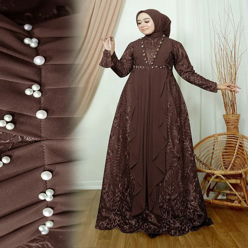 MAXI SHANIA FULL BRUKAT | M L XL XXL 3XL | GAMIS BUSUI TERBARU FASHION MUSLIM WANITA Hitam Cokelat Navy Bunga Putih 3