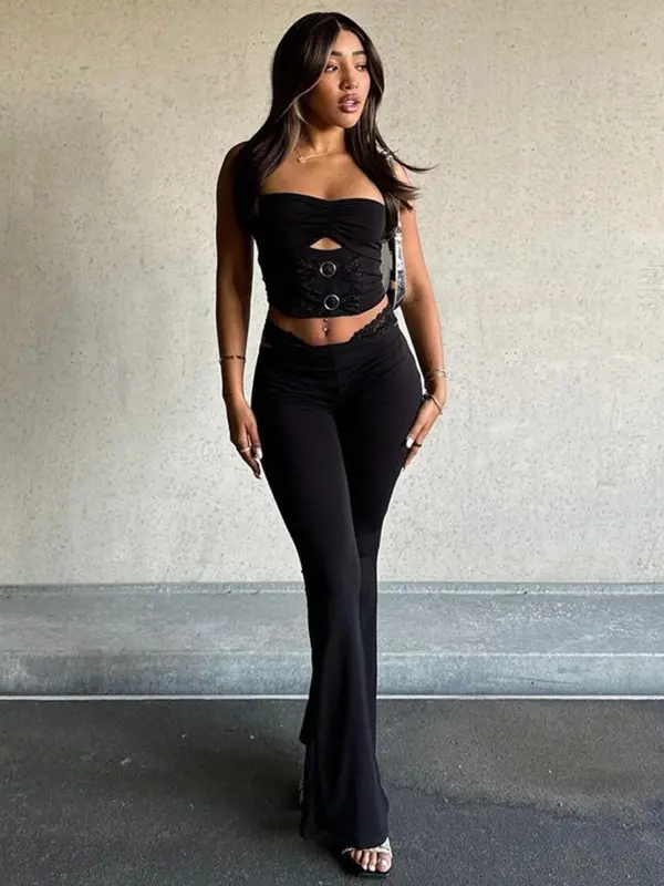 Women's Solid Color Crop Cami  Top & Flare Leg Pants Set, Casual Fashion Cozy Two-piece Outfits for Daily Outdoor Wear, Ladies Clothes for Summer 3