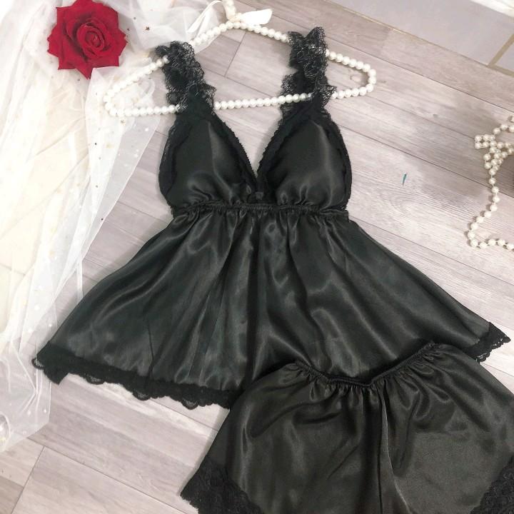 Đồ Ngủ Nữ Quần Ngủ - Áo Ngủ 2 Dây Chất Liệu Phi Lụa bóng Viền Ren Dây Nhúm free size 40-55kg Women