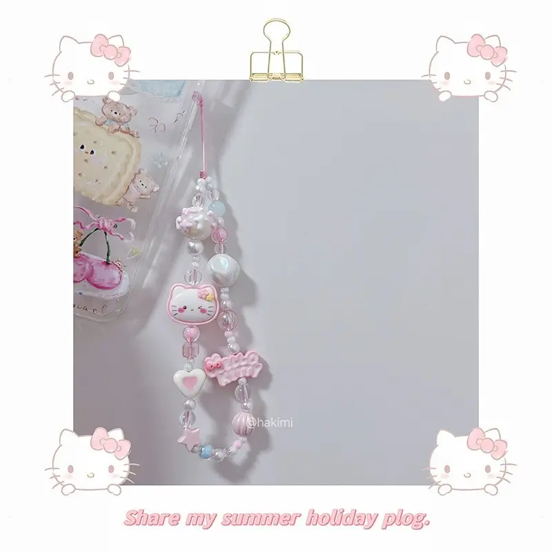 Charm Điện Thoại Di Động Thiết Kế Mèo Kitty Đính Cườm Màu Hồng, Được Vẽ Tay, Dễ Thương Và Mềm Mại, Dây Đeo Buộc Dây Chụp Ảnh CCD Chống Thất Lạc, Đồ Trang Trí Phone 1