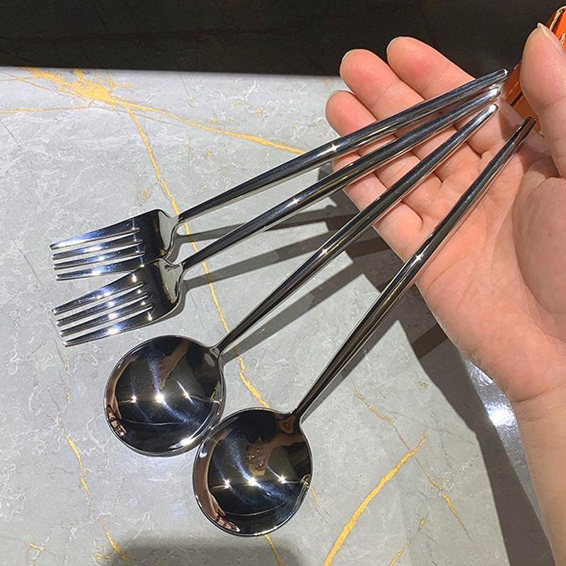 Product Introduction of Stainless Steel Round Spoon Fork Net Red Golden Dinner Long Handle Stirring Dessert Spoons For Kitchen Accessories Gadgets 21
