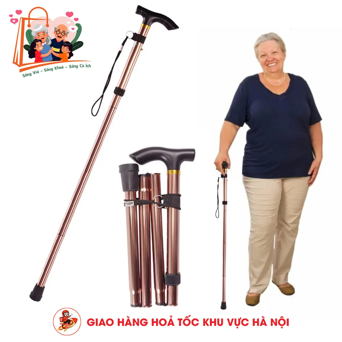 Gậy chống, Gậy Batoong BestCare gấp gọn 4 khúc cho người già có đế cao su chống trượt