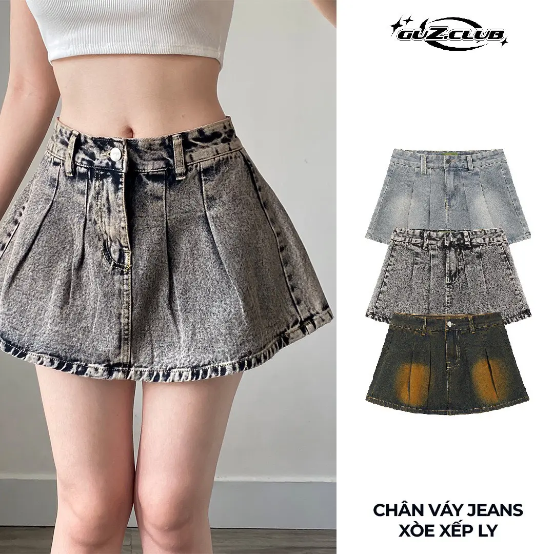 M10 - Chân Váy Jeans Xòe Xếp Ly GuZ  - Vr1 Nữ Women Kem
