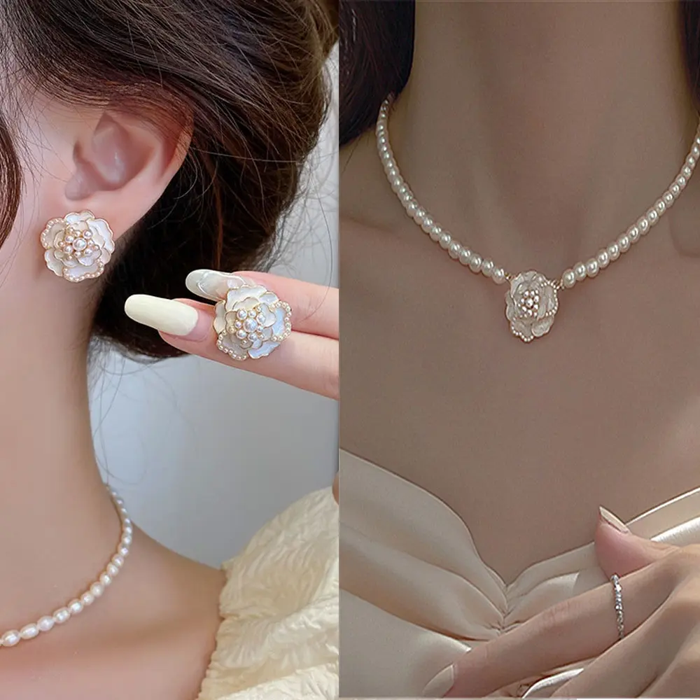 Bộ Trang Sức Hoa Trà, Thanh Lịch, Dành Cho Phụ Nữ, Bông Tai Đinh tán Ngọc Trai, Vòng Cổ, Bộ Trang Sức Thời Trang, Phụ Kiện