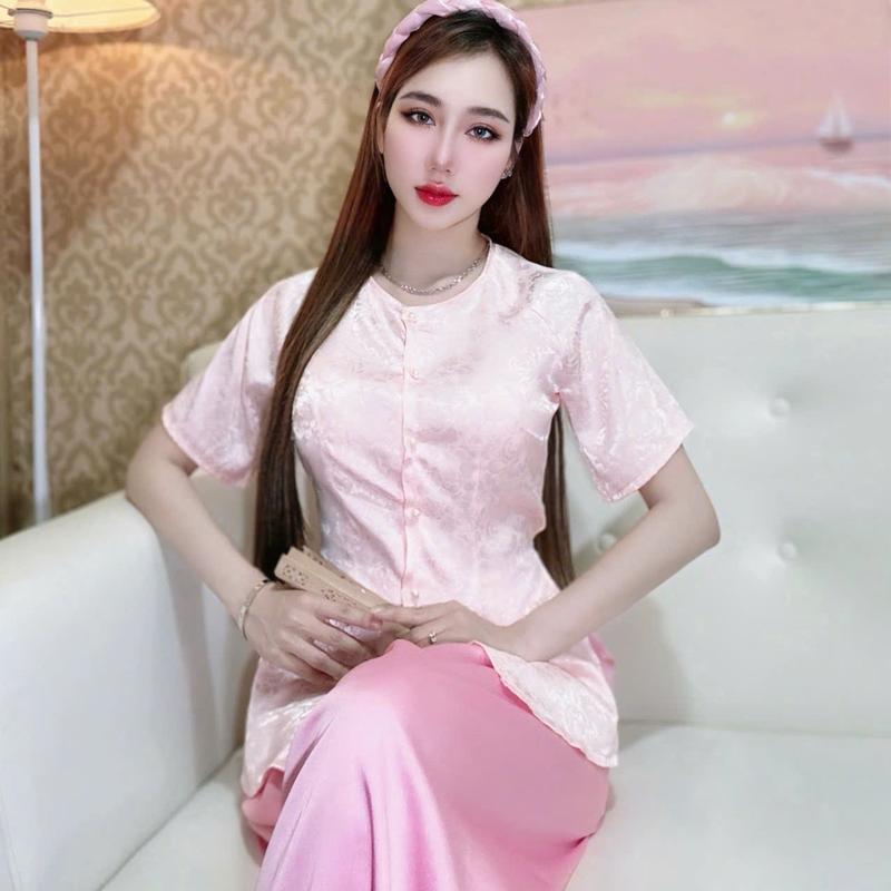 Xưởng May Hân Nguyễn - B.A121 - Bộ Áo Bà Ba Gấm Hoa Mẫu Đơn Tay Ngắn Cài Nút Cổ Tròn áo bà thun lưới Nữ Top Women