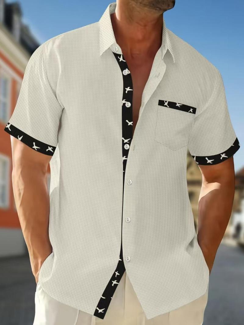 Product Introduction of Men's Contrast Binding Short Sleeve Shirt, Regular Fit Casual Button Collared Top for Summer, Fashion Men's Clothes for Daily Wear 4