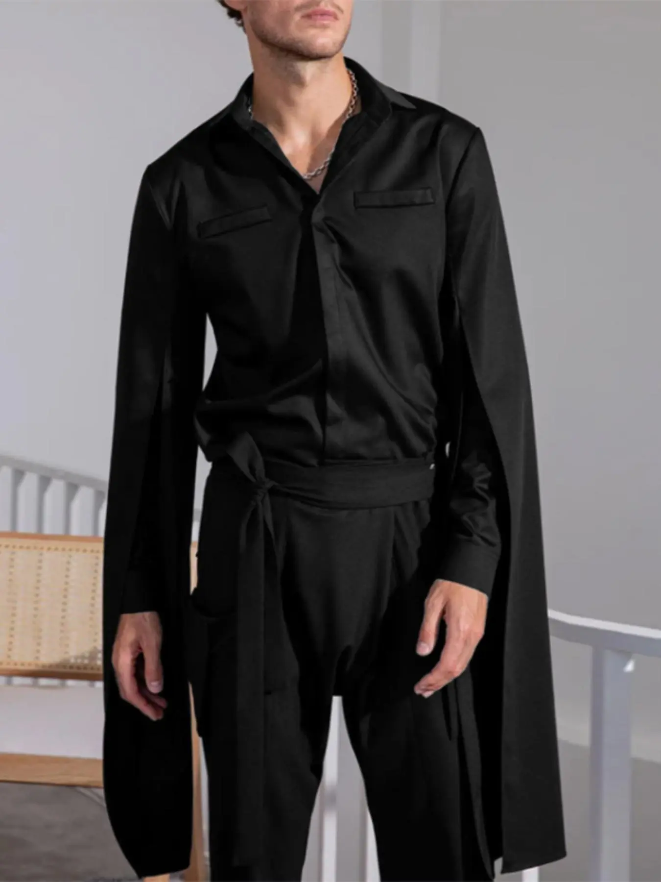 Men's Button Front Cloak Sleeve Shirt, Loose Casual Split Detail Extra-long Sleeve Top, Fashion Men's Clothes for Daily Wear