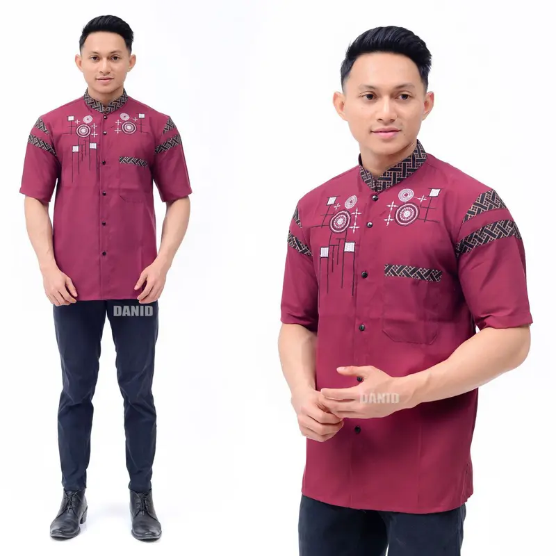 Kemeja koko lengan pendek pria dewasa motif kombinasi bordir bahan katun 3