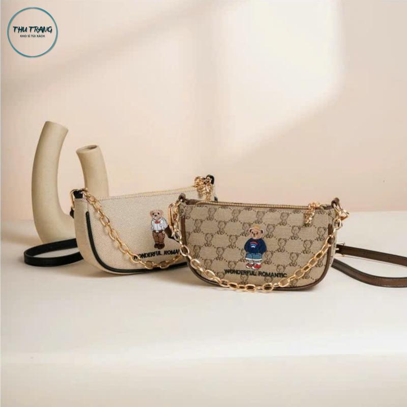 Túi Xách Nữ Gấu Thêu Quai Xích, Da Đựng Vừa Điện Thoại Bag Đeo Vai Hoa Đeo Chéo