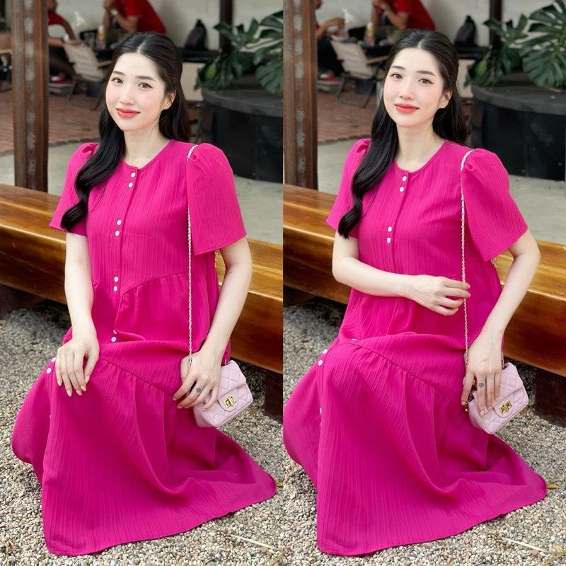 Váy babydoll, Đầm váy bầu Babydoll ba tầng gài cúc from rộng chất Đũi gân Nữ Women Voan Voi Dress 4