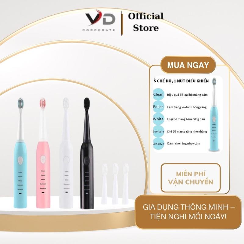 Bàn chải đánh răng điện toothbrush cao cấp lông mềm mịn 5 chế độ cực êm kèm 2 đầu chải thay thế