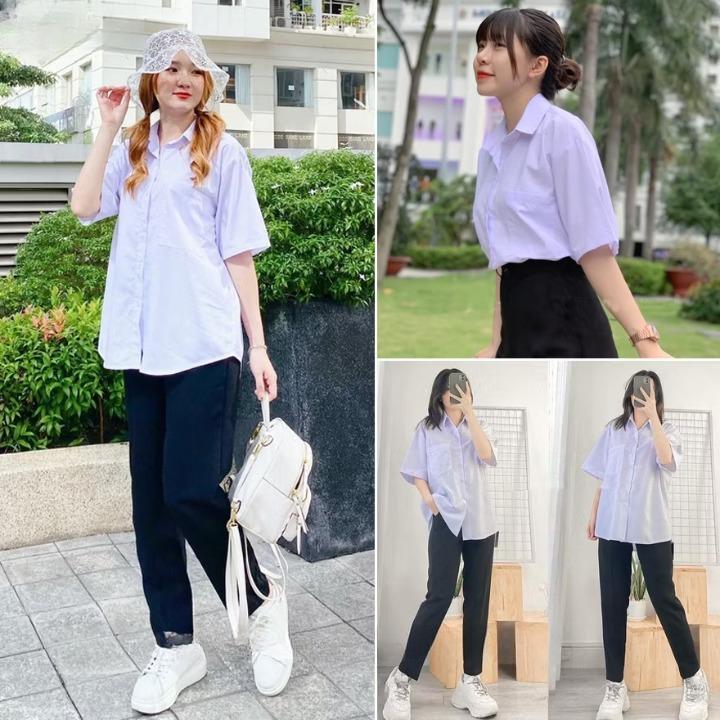 Áo sơ mi học sinh FORM RỘNG, TRẮNG XANH NHẸ, MỎNG VỪA GIÁ RẺ BÌNH DÂN Nữ Women Shirt Top 5