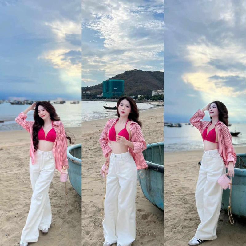 Sét Lennin 3 Món Sọc Quần Dài Kaki Kèm Áo Bra Có Mút Thích Hợp Đi Chơi, Đi Biển Women Kem Nữ