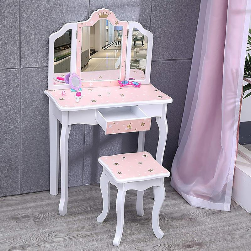 TikTok Shop Kids Vanity Table and Chair Set Girls Vanity Set with Stool Tri Folding Mirror Makeup Dressing Princess Table with Drawer for Little Girls