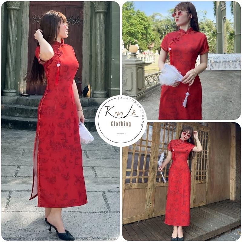 (DƯỚI 55KG) Sườn Xám Trung Hoa MÀU ĐỎ TRẦM Phối Viền Ren Kèm Tuarua Rời Thanh Lịch Vintage Chất Poly 2 Da Co Giãn Women Nữ