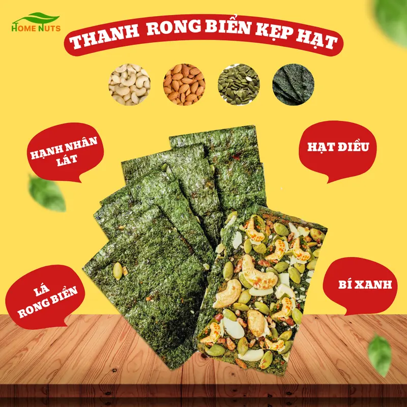 [Flash sale] Rong biển kẹp hạt dinh dưỡng gồm hạt điều, hạnh nhân lát, bí xanh, gạo lứt không chiên qua dầu, không chất bảo quản vị mằn mặn nhẹ Snack Food Ăn Vặt Thức Ăn Lá Rong Biển Home Nuts 1