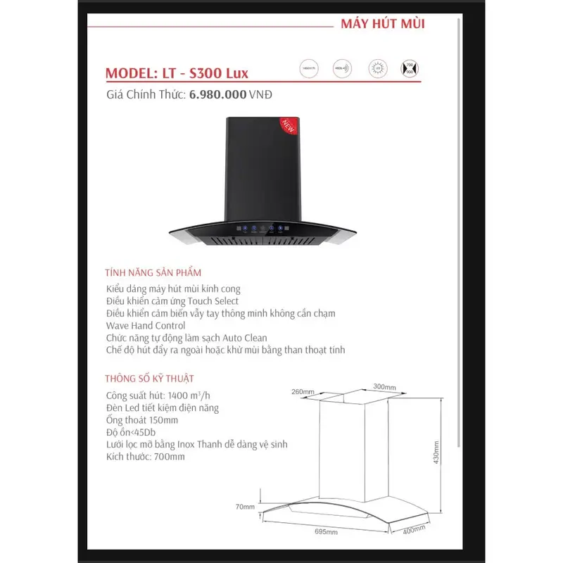 Máy hút mùi LATINO S300 LUX | Điều khiển cảm ứng | Công suất 1400m3/h | Bảo hành 2 năm 2