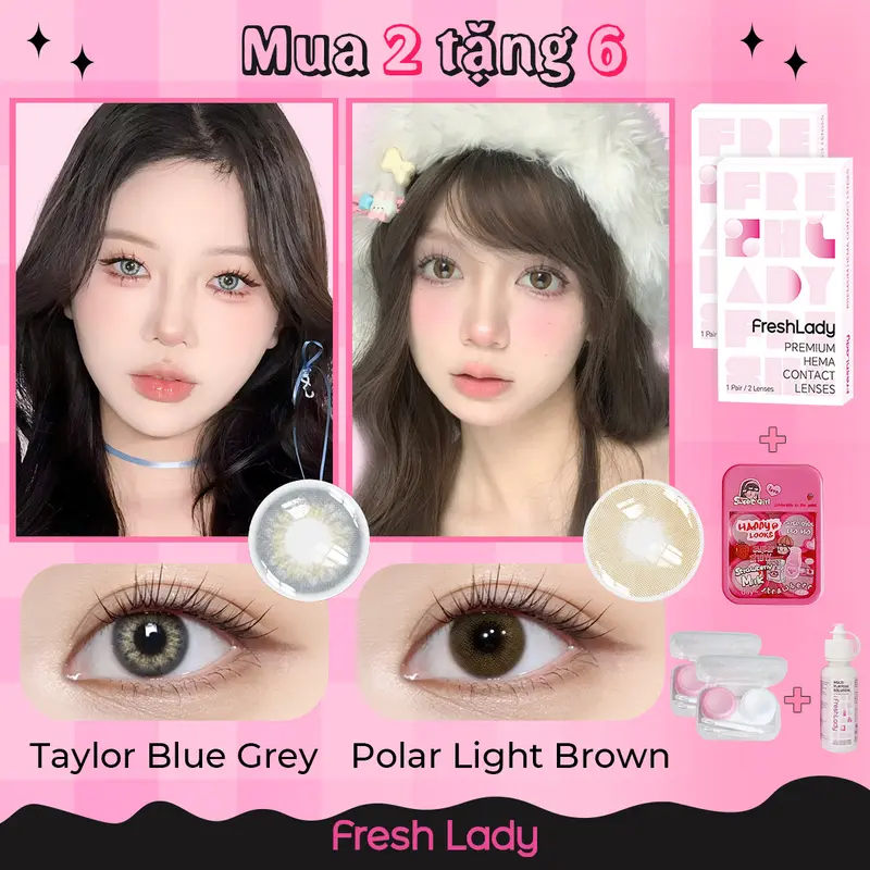 Lens kính áp tròng Fresh Lady được 6 sản phẩm màu nâu xám đen 6 tháng 0 độ làm cho đôi mắt to hơn  nửa năm 0