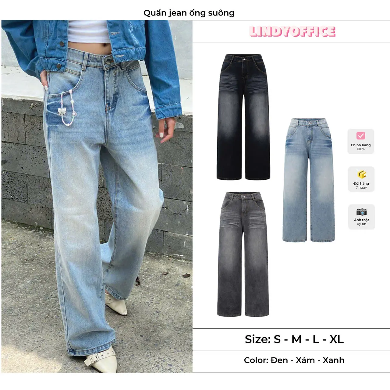 Lindy - Quần Jean Wash Plus Form Unisex Women  Pants Có Túi Denim