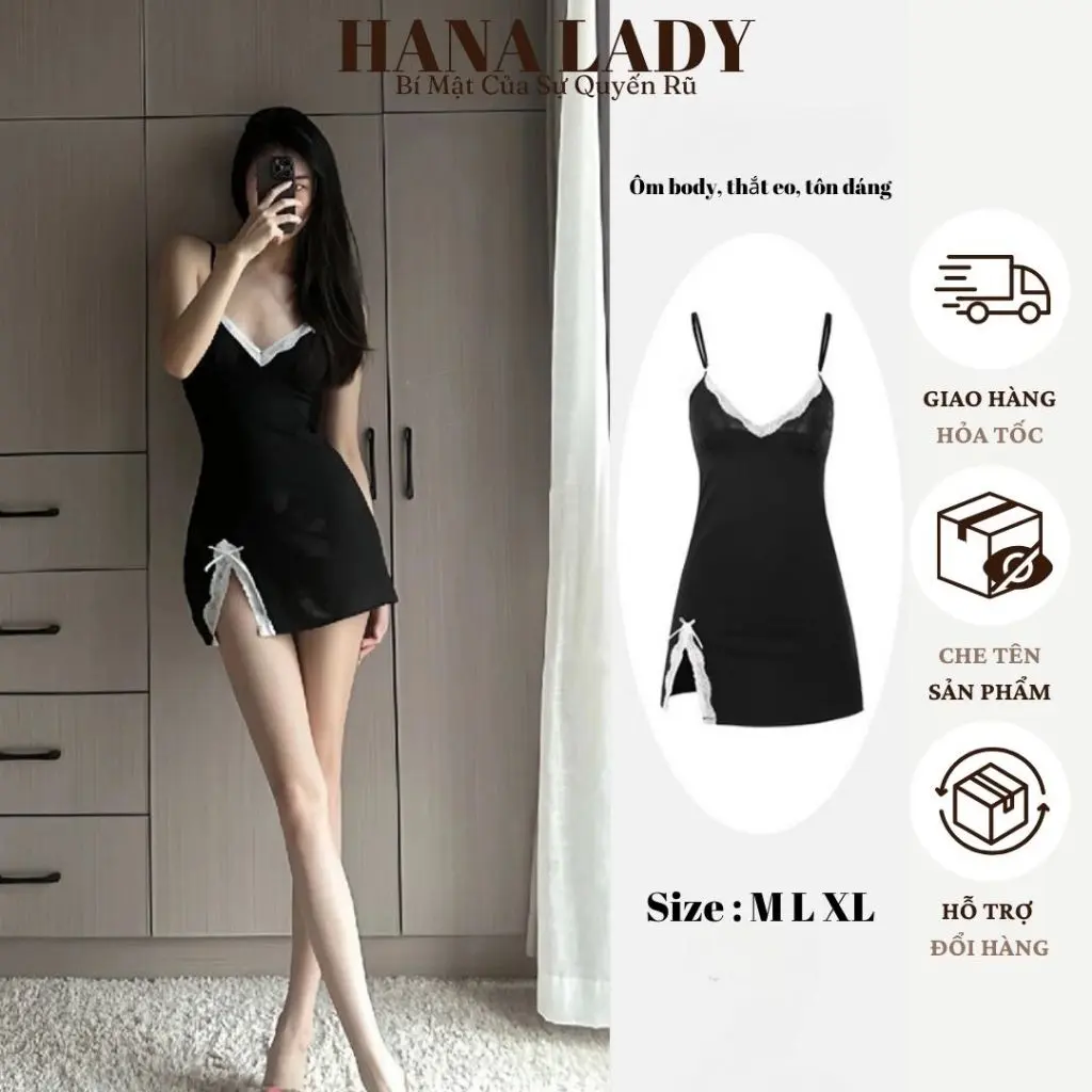 Váy Body - Đầm Ngủ Thun 2 Dây Phối Ren Họa Đen Trơn VN569