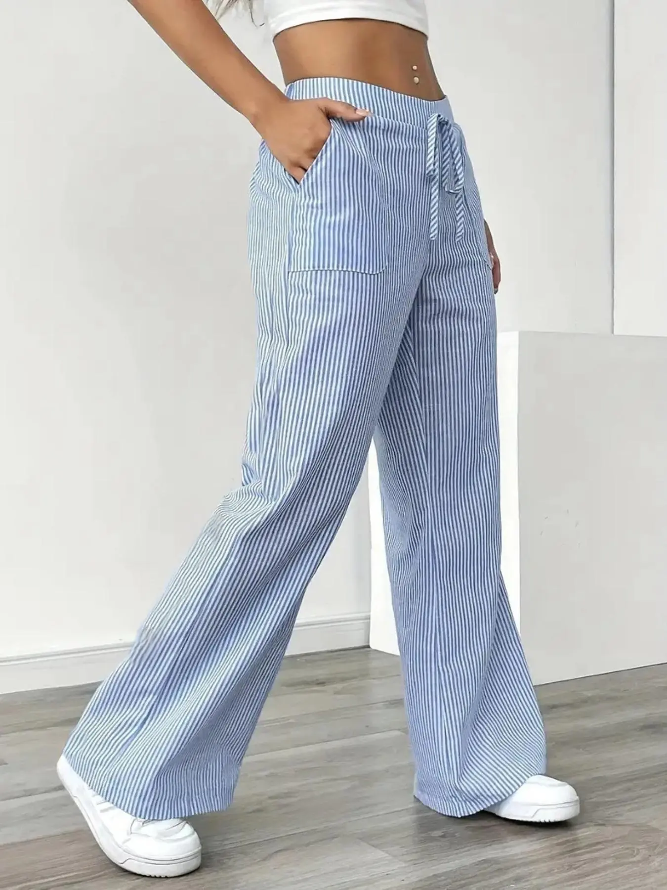 Women's Striped Print Pocket Wide Leg Pants, Casual Comfy Trousers for Daily Wear, Ladies Bottoms for Summer