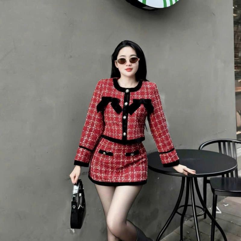  BIGSIZE HIẾU HIẾU  55-95KG  - Set dạ thu đông caro đỏ Áo tay dài phối nơ + Chân váy dáng ngắn hot S461 