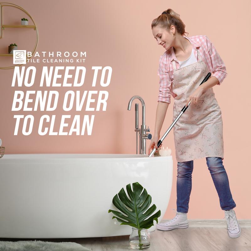 Long Handled Bathroom Cleaner - Easily Clean Tiles, Baths and Showers - Stiff Bristle Long and Durable Handle Brush Cleaning Pad Sponge Kit 5