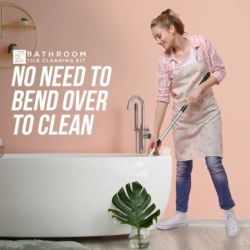 Long Handled Bathroom Cleaner - Easily Clean Tiles, Baths and Showers - Stiff Bristle Long and Durable Handle Brush Cleaning Pad Sponge Kit 4