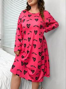 【Plus Size】 Heart Print Long Sleeve Nightdress, Casual Comfy Round Neck Nightgown for Women, Women's Sleepwear for All Seasons