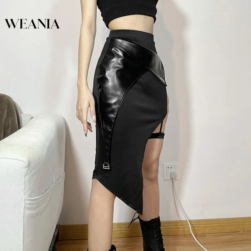 WEANIA-Váy Pu Cạp Cao Cho Nữ, Thiết Kế Mới, Chắp Vá, Không Đều, Có Dây Xích Chân 0
