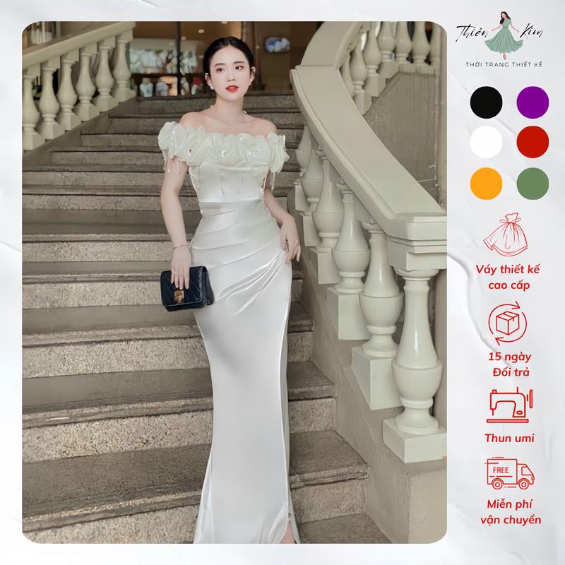 M025 - Dạ Hội Phi lụa cao cấp trơn ôm gọn xếp ly eo che khuyết điểm sang trọng dự tiệc Dress váy Nữ thiết kế Tím đen đỏ xanh hồng vàng váy lụa