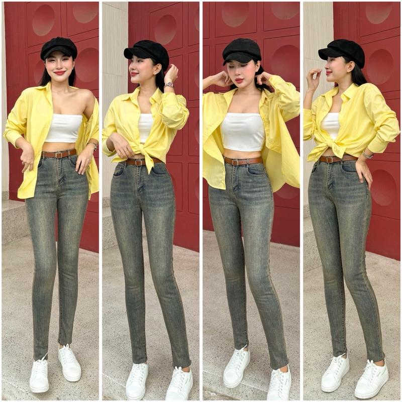 BOvang- Quần Jeans Ôm Nữ Lưng Cao màu VÀNG bụi NÂU Lai Cắt tôn dáng-BerryChangg Denim