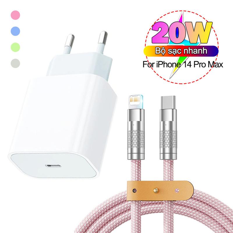 Bộ sạc nhanh hợp kim nhôm 20W, dành cho iPhone 14 Pro Max 13 12 11 X XS XR 8 Plus 7 7s 6 6s, Phụ kiện điện thoại, USB-Type C -L (ios), 4 tùy chọn màu, Cáp dữ liệu 1m/2m
